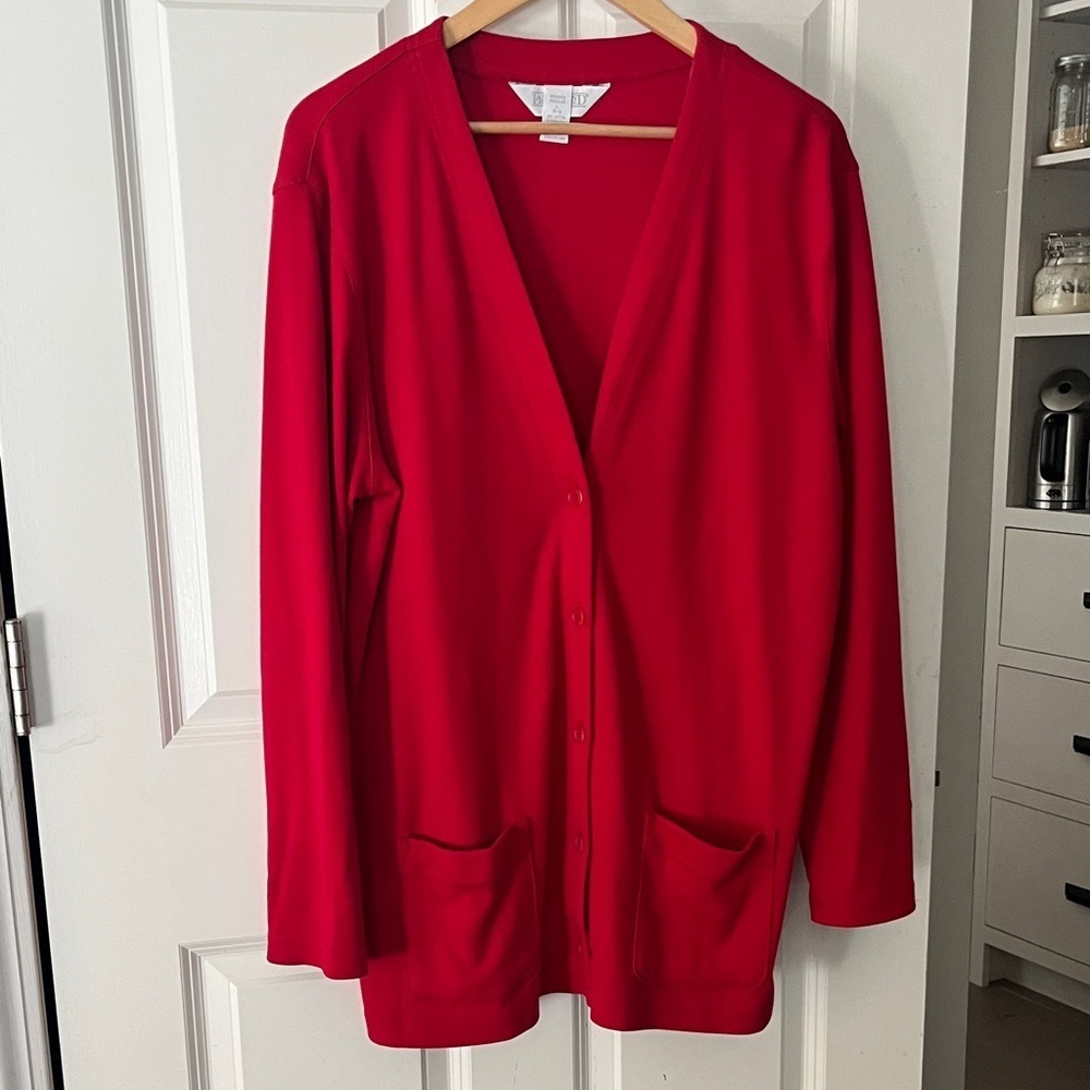 Lands' End Vibrant Red Women's Long Cotton Cardigan Sz Large 14 16